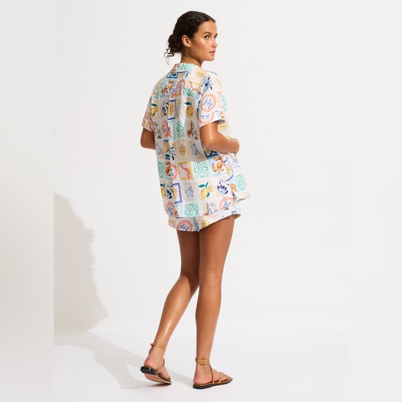 Seafolly Short-Sleeve Wish You Were Here Cover-Up Shirt in Atoll Blue Medium - Picture 8 of 11